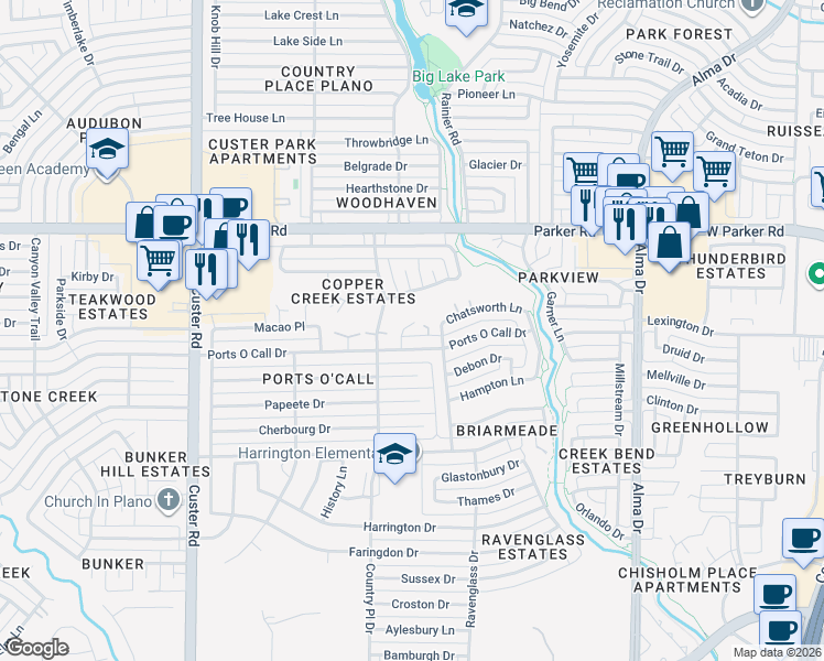 map of restaurants, bars, coffee shops, grocery stores, and more near 1509 Ports O Call Drive in Plano
