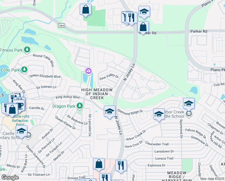 map of restaurants, bars, coffee shops, grocery stores, and more near 4606 Cherokee Path in Carrollton