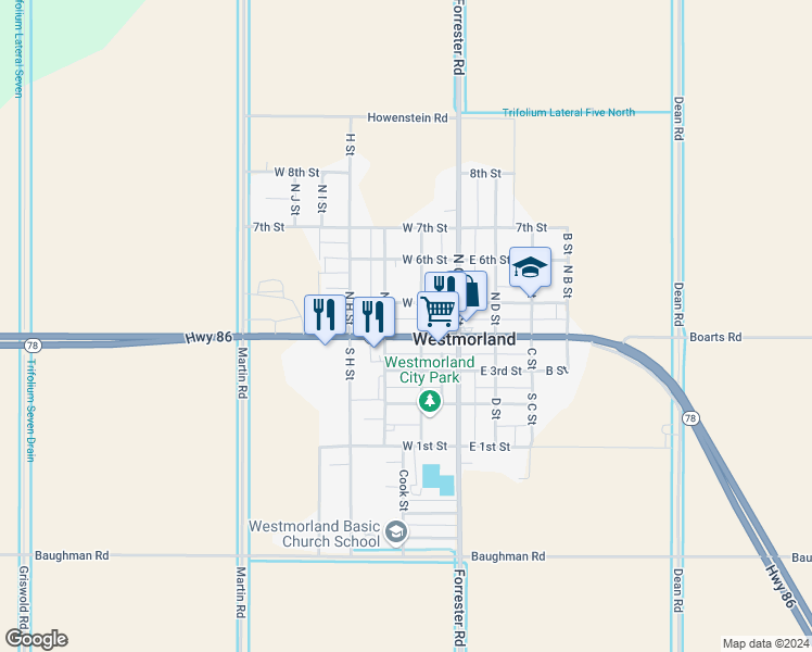 map of restaurants, bars, coffee shops, grocery stores, and more near 263 West Main Street in Brawley