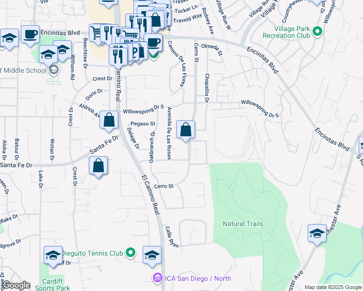 map of restaurants, bars, coffee shops, grocery stores, and more near 1528 Calle Narcisos in Encinitas