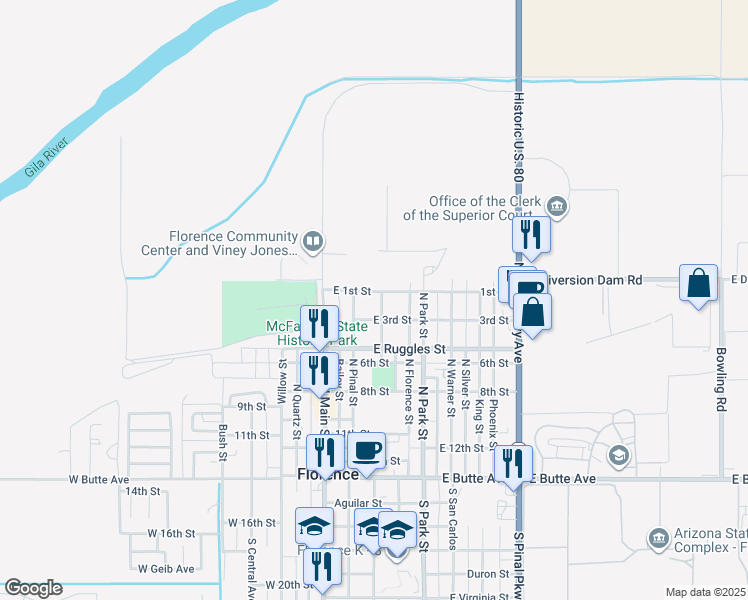 map of restaurants, bars, coffee shops, grocery stores, and more near 620 North Church Street in Florence