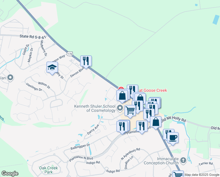 map of restaurants, bars, coffee shops, grocery stores, and more near 8306 Channing Way in Goose Creek