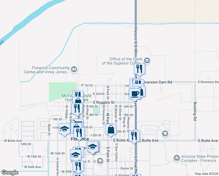 map of restaurants, bars, coffee shops, grocery stores, and more near 610 North Warner Street in Florence