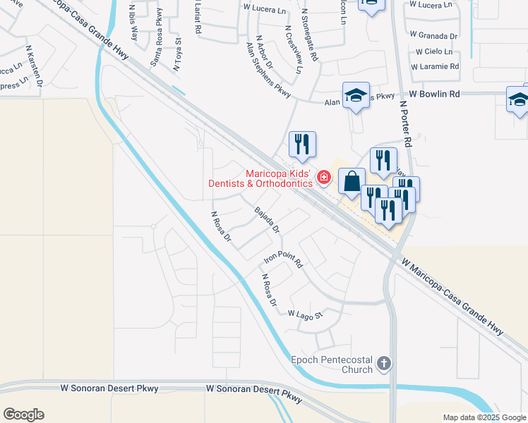 map of restaurants, bars, coffee shops, grocery stores, and more near 42230 West Noreen Road in Maricopa