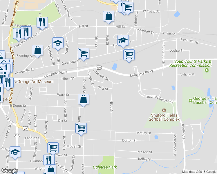 map of restaurants, bars, coffee shops, grocery stores, and more near 117 Belk Street in LaGrange