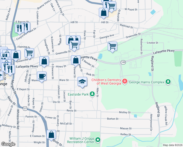 map of restaurants, bars, coffee shops, grocery stores, and more near 111 Belk Street in LaGrange