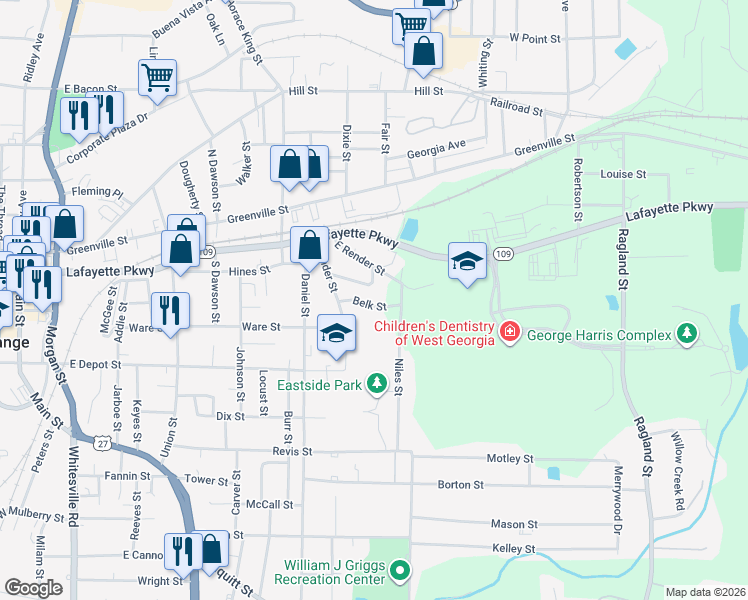 map of restaurants, bars, coffee shops, grocery stores, and more near 117 Belk Street in LaGrange