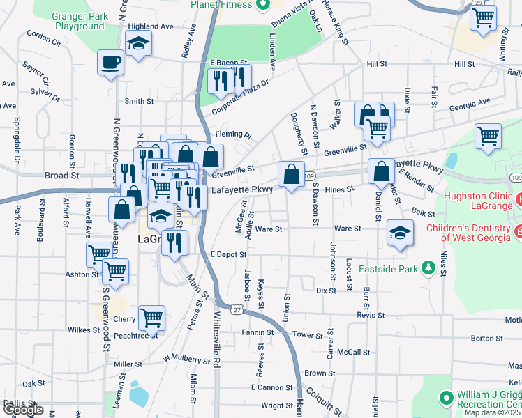 map of restaurants, bars, coffee shops, grocery stores, and more near 106 Baugh Street in LaGrange