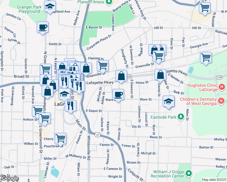 map of restaurants, bars, coffee shops, grocery stores, and more near 106 Baugh Street in LaGrange
