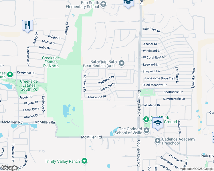 map of restaurants, bars, coffee shops, grocery stores, and more near 1706 Redcedar Drive in Wylie