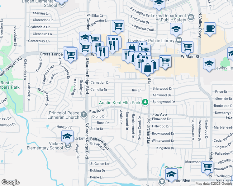 map of restaurants, bars, coffee shops, grocery stores, and more near 717 Kathryn Drive in Lewisville