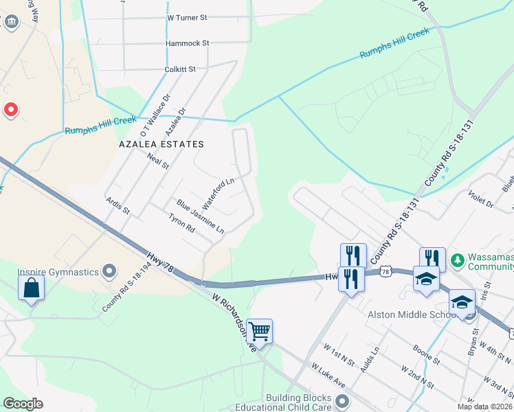 map of restaurants, bars, coffee shops, grocery stores, and more near 75 Blue Jasmine Lane in Summerville