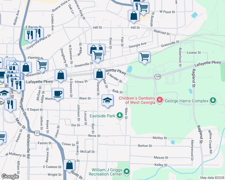 map of restaurants, bars, coffee shops, grocery stores, and more near 317 Render Street in LaGrange