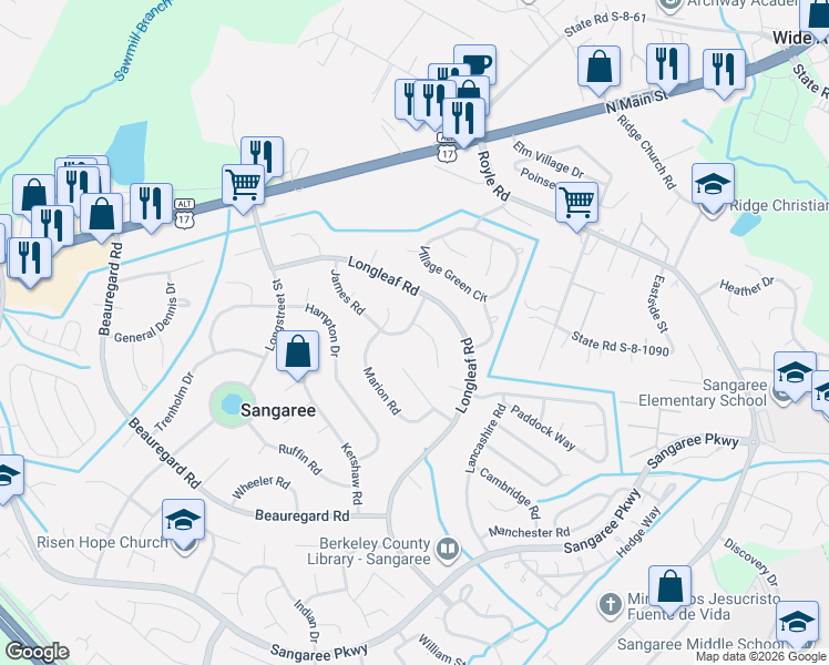 map of restaurants, bars, coffee shops, grocery stores, and more near 106 Ewell Court in Summerville