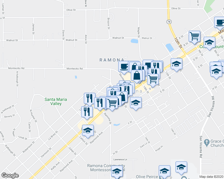 map of restaurants, bars, coffee shops, grocery stores, and more near 102 16th Street in Ramona