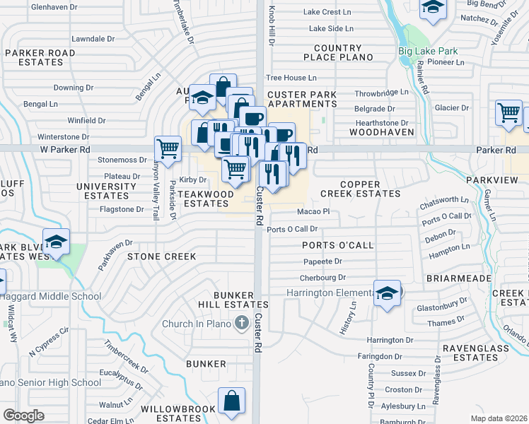 map of restaurants, bars, coffee shops, grocery stores, and more near 2102 Teakwood Lane in Plano