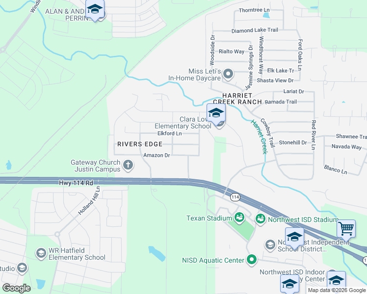 map of restaurants, bars, coffee shops, grocery stores, and more near 1417 Amazon Drive in Justin