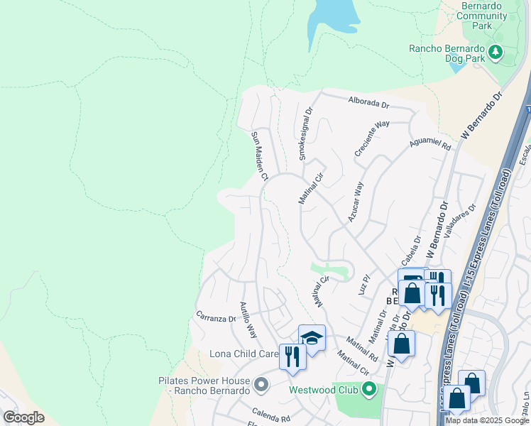 map of restaurants, bars, coffee shops, grocery stores, and more near 17980 Pueblo Vista Lane in San Diego