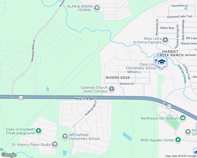 map of restaurants, bars, coffee shops, grocery stores, and more near 16309 Severn Lane in Justin