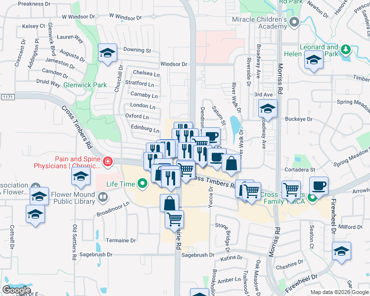 map of restaurants, bars, coffee shops, grocery stores, and more near 3851 Long Prairie Road in Flower Mound