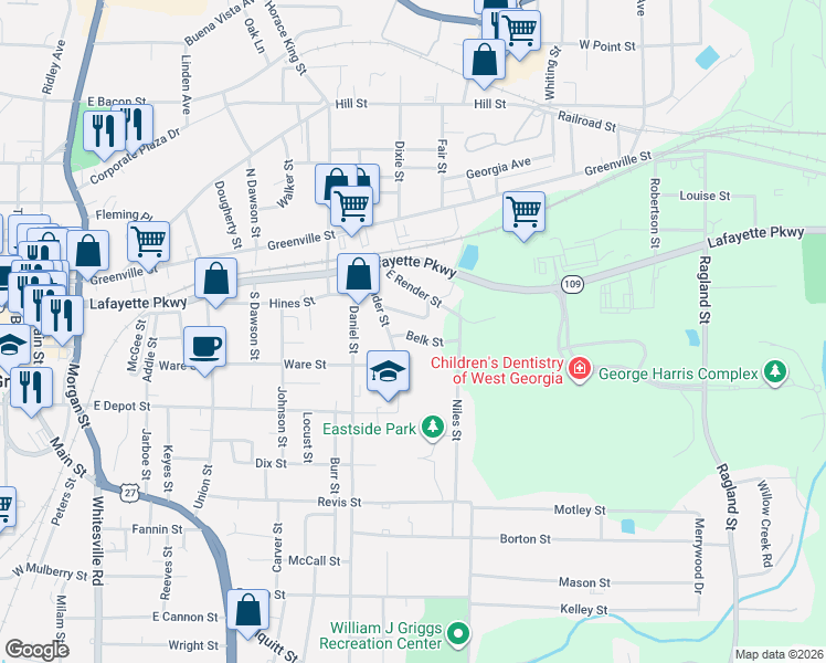 map of restaurants, bars, coffee shops, grocery stores, and more near 103 Belk Street in LaGrange