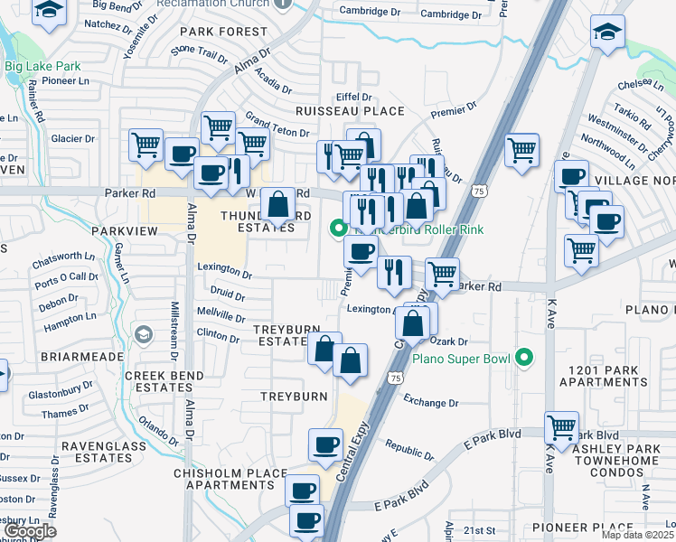 map of restaurants, bars, coffee shops, grocery stores, and more near 740 Lexington Drive in Plano