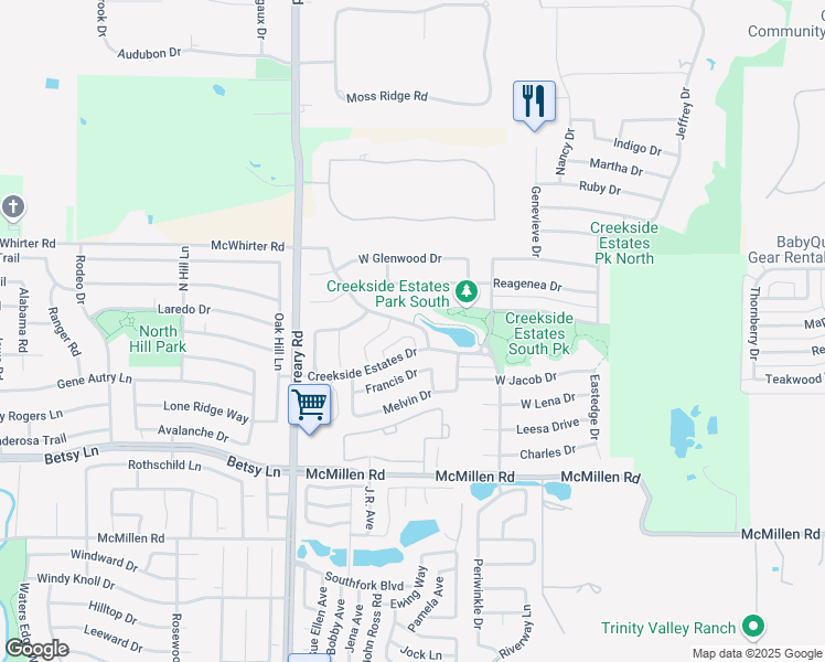 map of restaurants, bars, coffee shops, grocery stores, and more near 1505 North Lynn Drive in Wylie