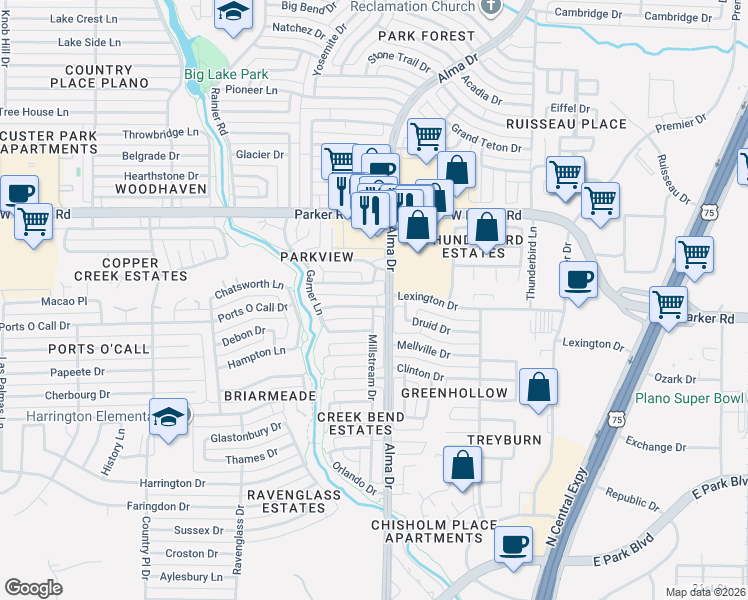 map of restaurants, bars, coffee shops, grocery stores, and more near 1108 Lakestream Drive in Plano