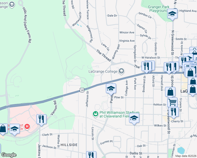 map of restaurants, bars, coffee shops, grocery stores, and more near 1102 Vernon Street in LaGrange