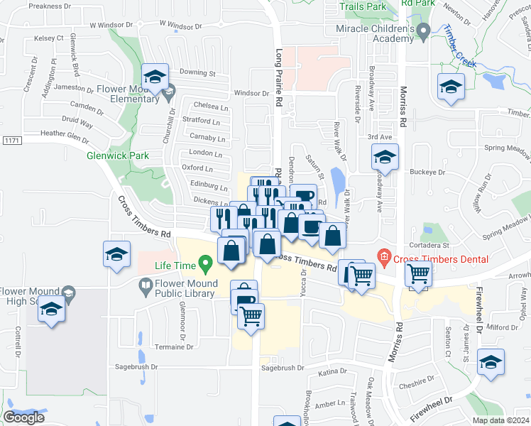 map of restaurants, bars, coffee shops, grocery stores, and more near 3851 Long Prairie Road in Flower Mound