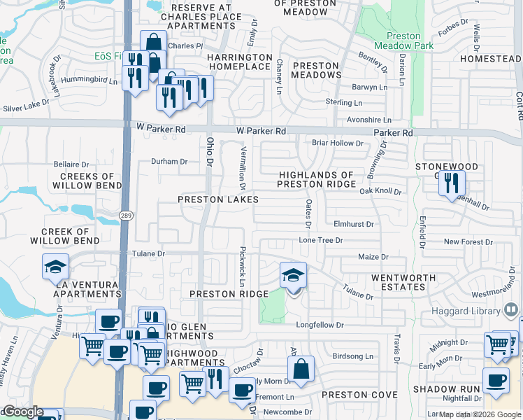 map of restaurants, bars, coffee shops, grocery stores, and more near 4561 Vista Knoll Drive in Plano