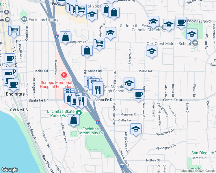 map of restaurants, bars, coffee shops, grocery stores, and more near 1107 Arcadia Road in Encinitas