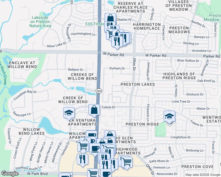 map of restaurants, bars, coffee shops, grocery stores, and more near 2728 Deansbrook Drive in Plano