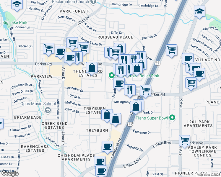 map of restaurants, bars, coffee shops, grocery stores, and more near 740 Lexington Drive in Plano