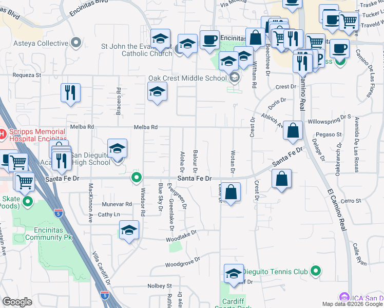 map of restaurants, bars, coffee shops, grocery stores, and more near 1122 Balour Drive in Encinitas