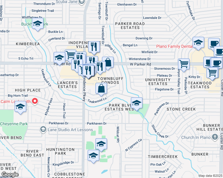 map of restaurants, bars, coffee shops, grocery stores, and more near 2720 Townbluff Drive in Plano