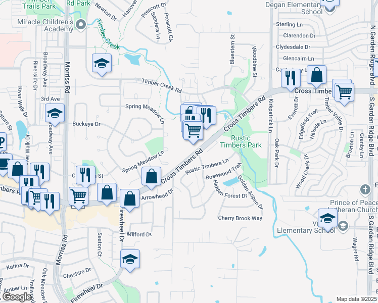 map of restaurants, bars, coffee shops, grocery stores, and more near 1110 Cross Timbers Road in Flower Mound
