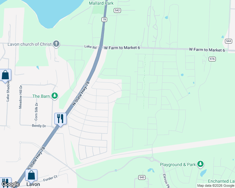 map of restaurants, bars, coffee shops, grocery stores, and more near Texas 78 in Lavon