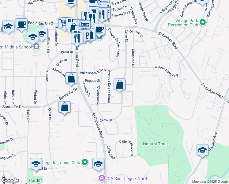 map of restaurants, bars, coffee shops, grocery stores, and more near 466 Avenida De Las Rosas in Encinitas