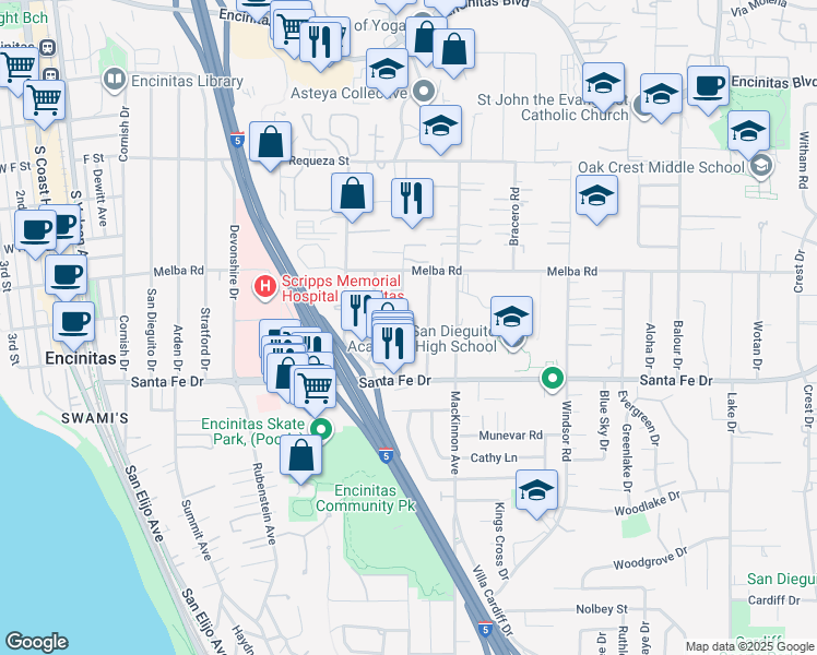 map of restaurants, bars, coffee shops, grocery stores, and more near 1121 Gardena Road in Encinitas