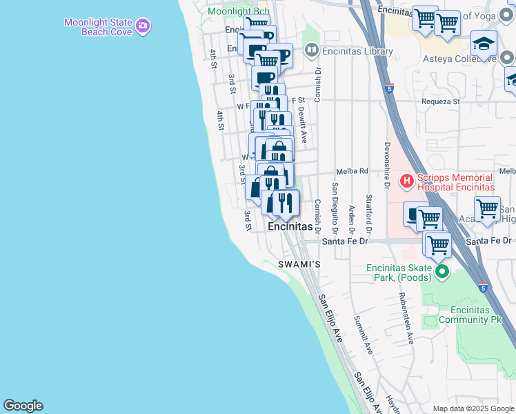 map of restaurants, bars, coffee shops, grocery stores, and more near 1130 2nd Street in Encinitas