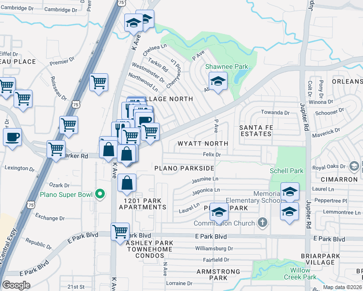 map of restaurants, bars, coffee shops, grocery stores, and more near 1431 Felix Drive in Plano