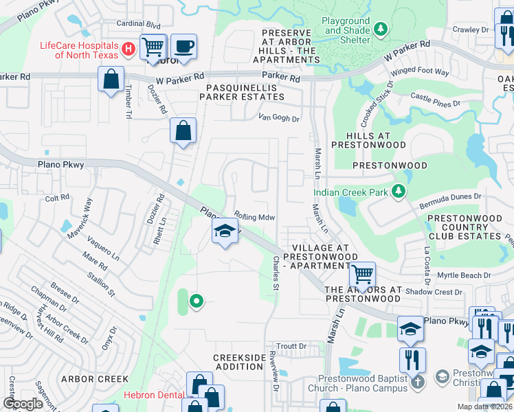 map of restaurants, bars, coffee shops, grocery stores, and more near 2625 Rolling Meadow in Carrollton