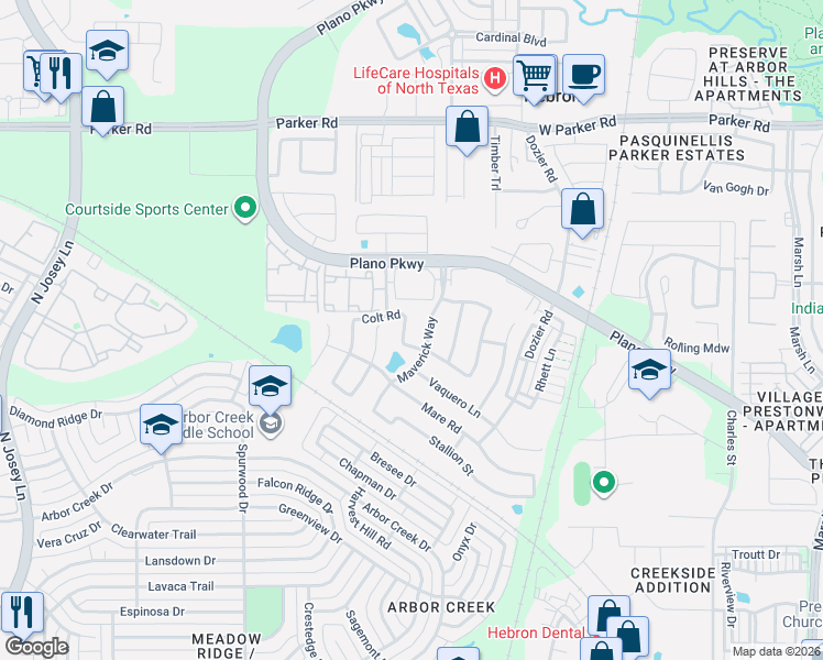 map of restaurants, bars, coffee shops, grocery stores, and more near 2260 Hidalgo Drive in Carrollton