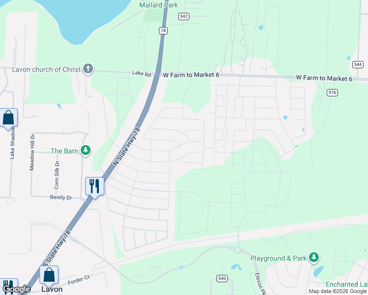 map of restaurants, bars, coffee shops, grocery stores, and more near Texas 78 in Lavon