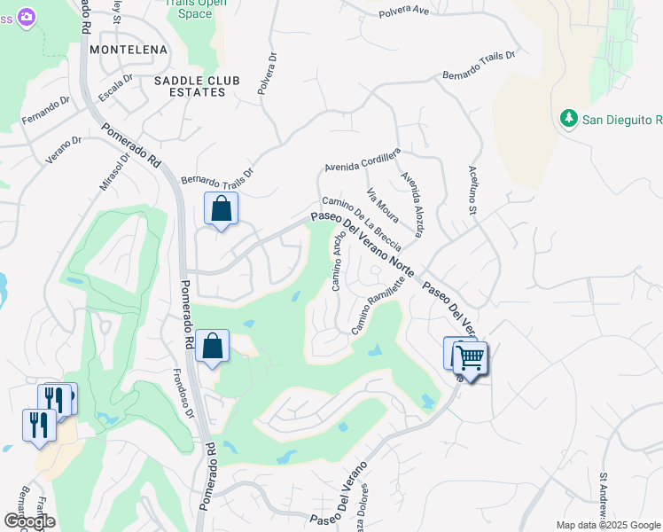 map of restaurants, bars, coffee shops, grocery stores, and more near 17748 Camino Ancho in San Diego
