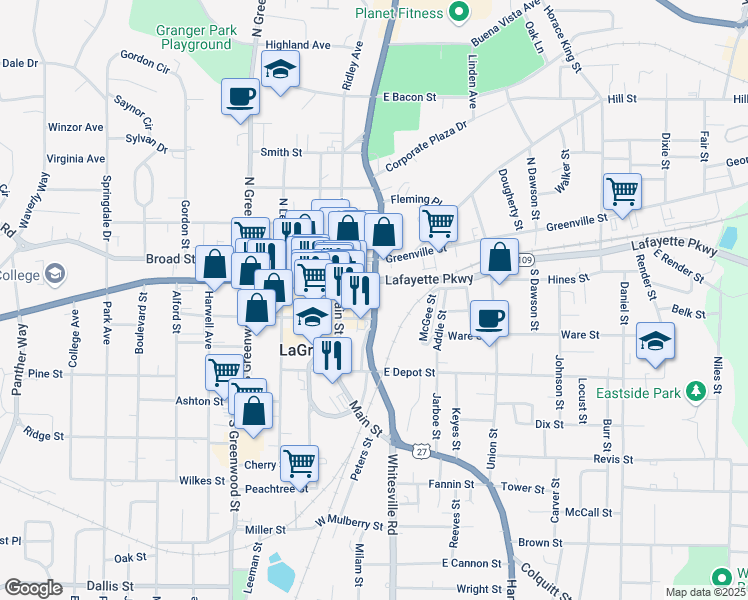 map of restaurants, bars, coffee shops, grocery stores, and more near 350 Morgan Street in LaGrange