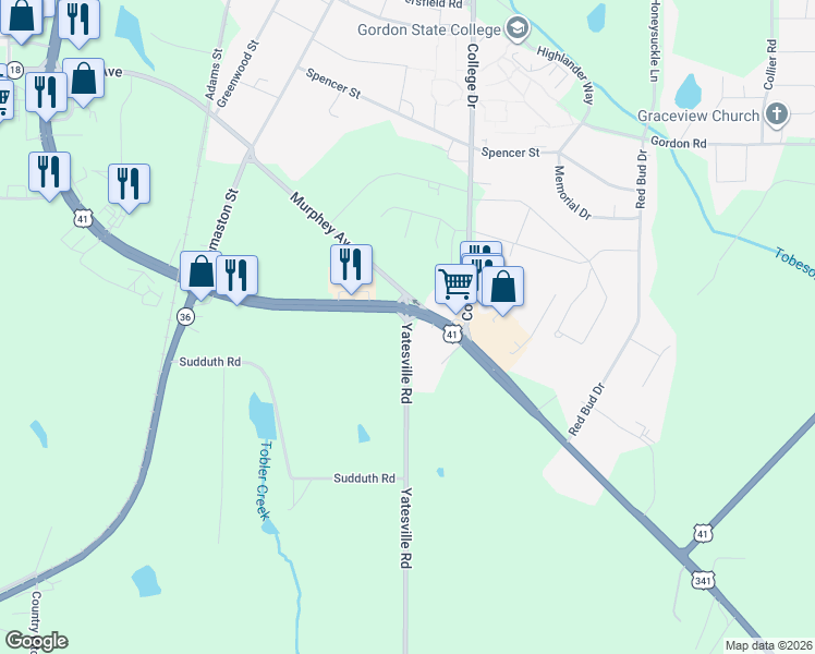 map of restaurants, bars, coffee shops, grocery stores, and more near 133 Yatesville Road in Barnesville