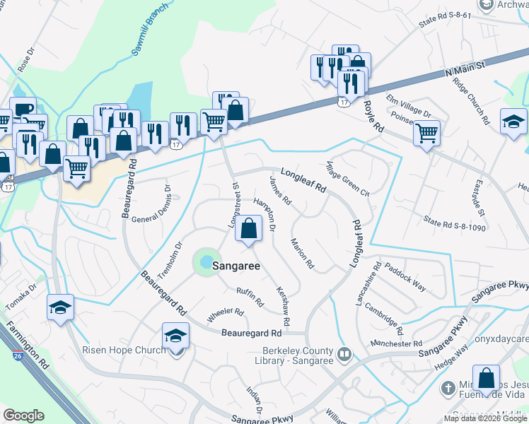 map of restaurants, bars, coffee shops, grocery stores, and more near 1211 Hampton Drive in Summerville