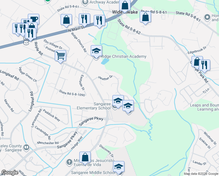 map of restaurants, bars, coffee shops, grocery stores, and more near 104 Kirk Court in Summerville